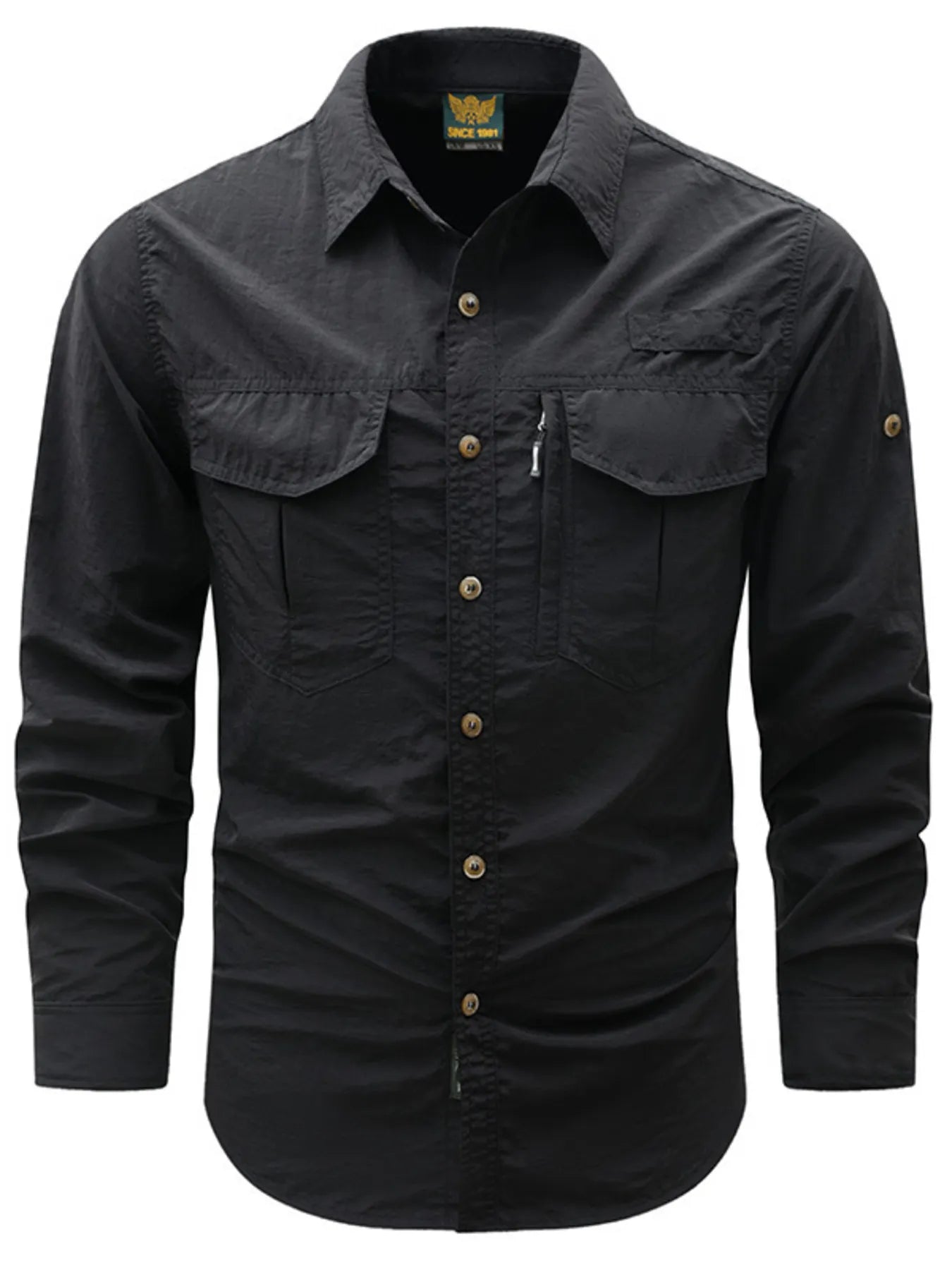 Men's plus size button-up long-sleeve shirt, black, two chest pockets, button front
