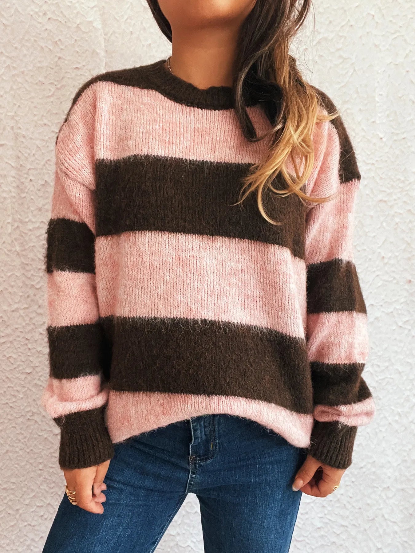 Striped long sleeve sweater with pink base and dark brown wide bands