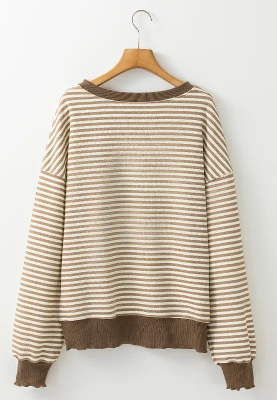 Taupe-and-cream striped long-sleeve sweatshirt back view on wooden hanger