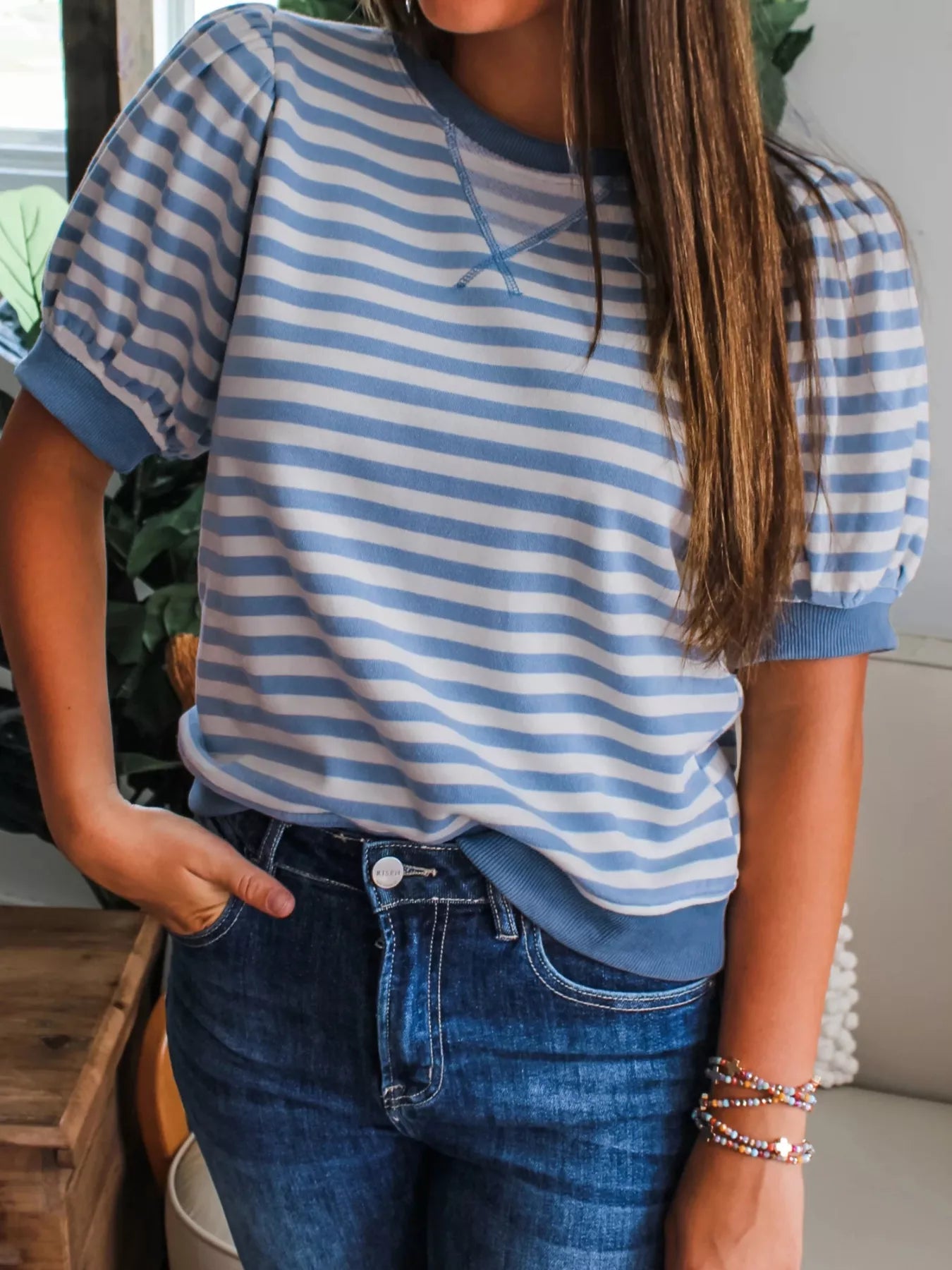 Cedar & Moore Stripe short bubble-sleeve T-shirt in blue and white stripes.