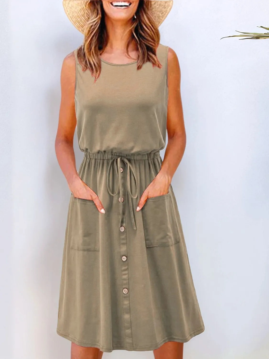 Full Size Round Neck Sleeveless Tank Dress, olive green, drawstring waist, pockets