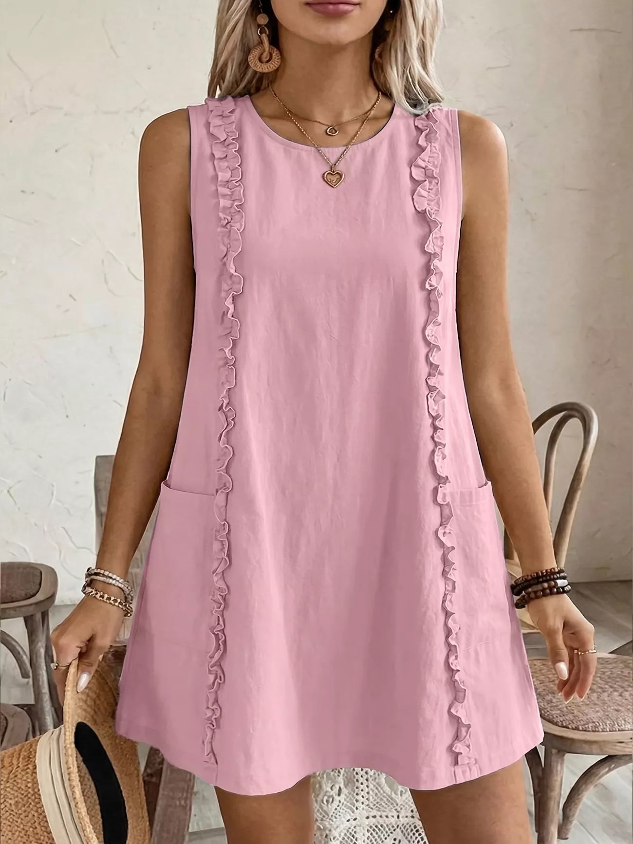 Cedar & Moore Frill Sleeveless Round Neck Dress in pink with pockets and ruffle trim