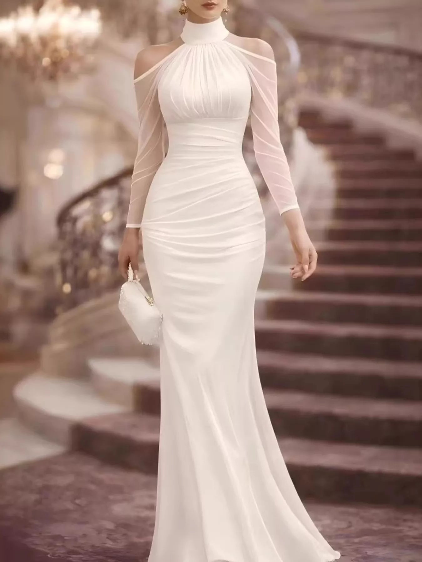 White cold-shoulder mesh-sleeve maxi dress with high halter neckline and ruched waist