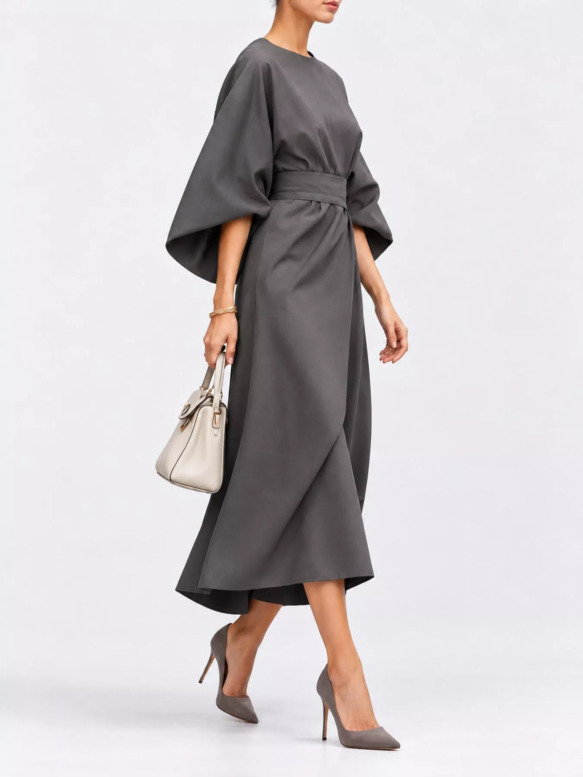 Dark gray belted midi dress with kimono sleeves and gathered high-waist twist front