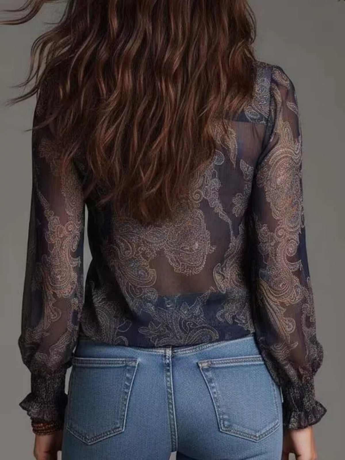Navy blue paisley ruffle zip-front blouse, sheer back with long sleeves