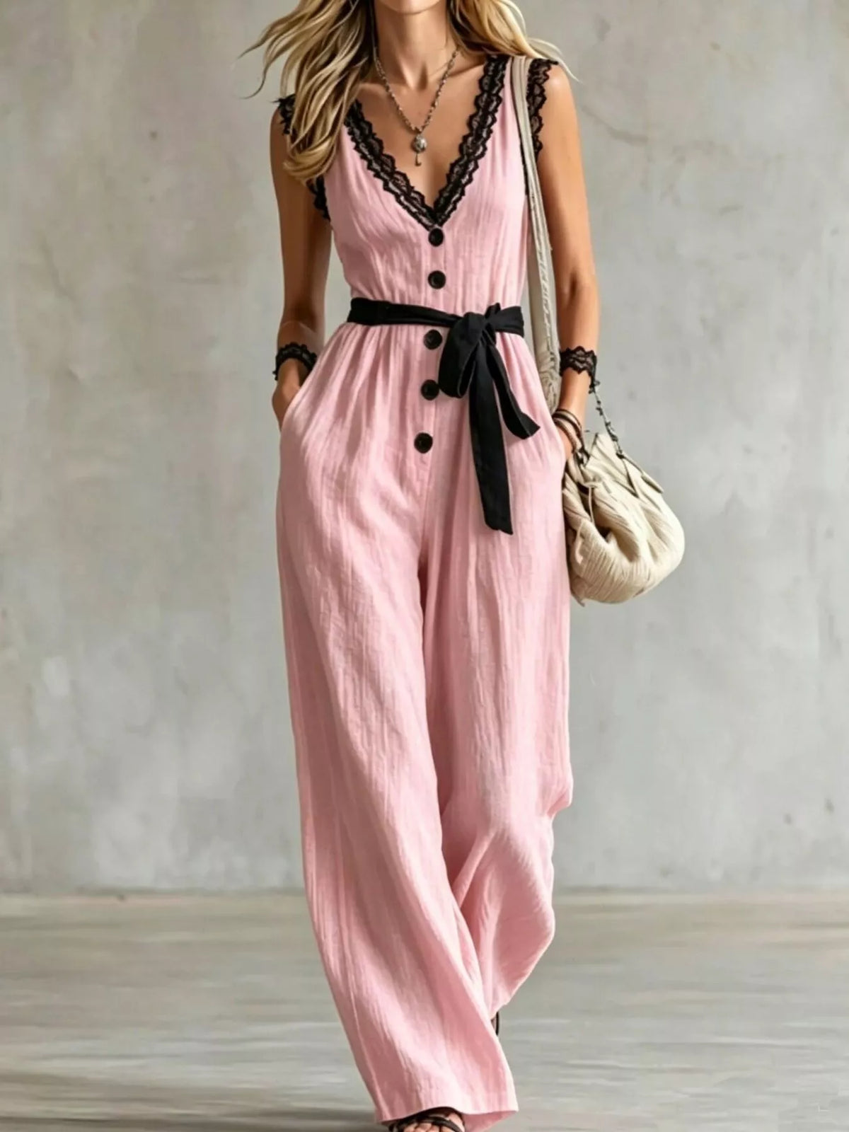 Pink sleeveless lace-trim jumpsuit with black button front and bow waist belt
