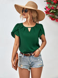 Forest green blouse with round neck keyhole cutout and petal short sleeves