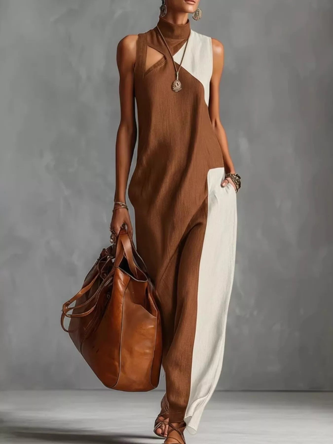 Caramel and white color-block mock neck sleeveless maxi dress with draped sides