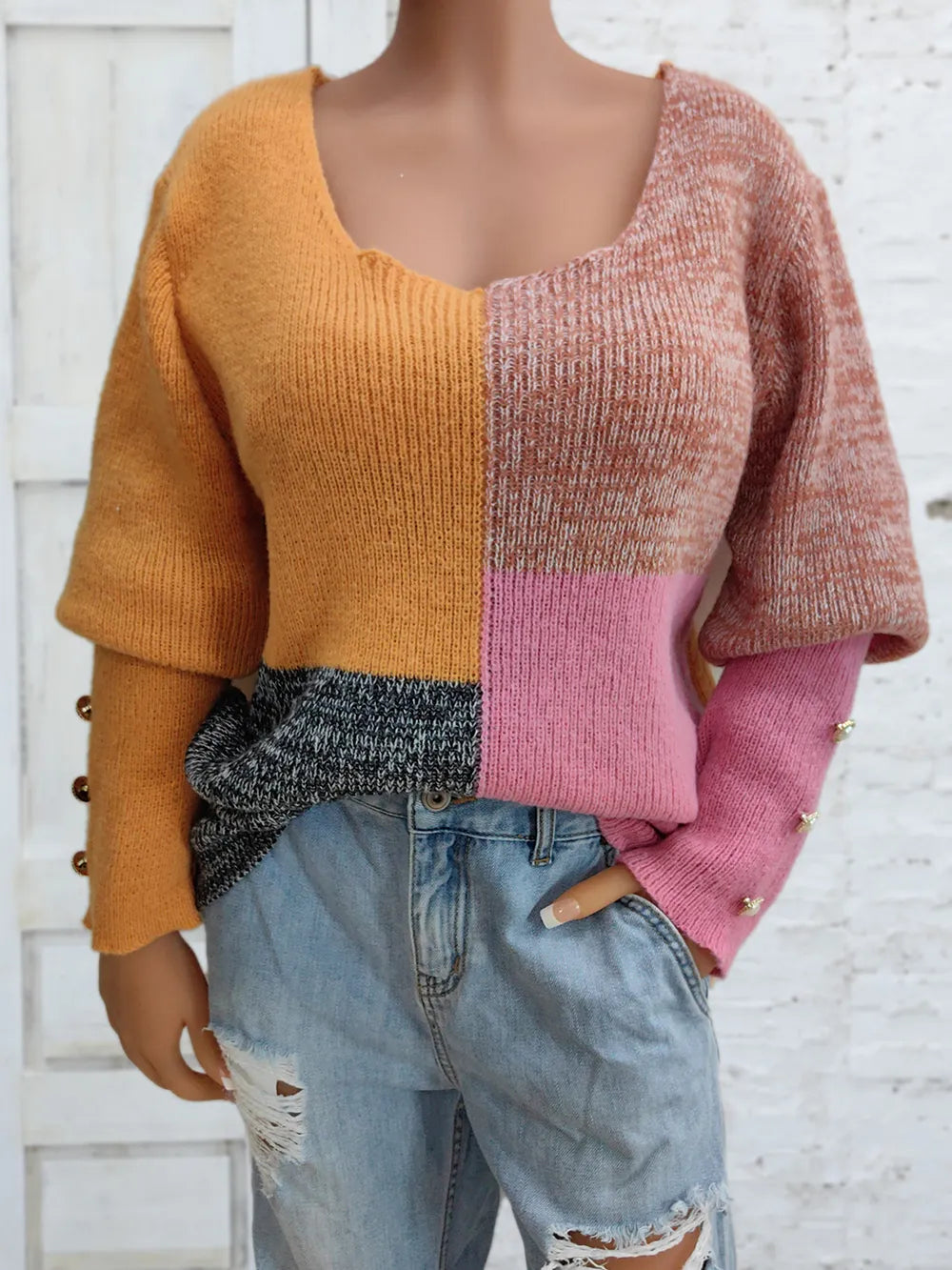 Color-block long sleeve sweater, ribbed neckline, mustard/mauve/pink/charcoal panels, cuff buttons