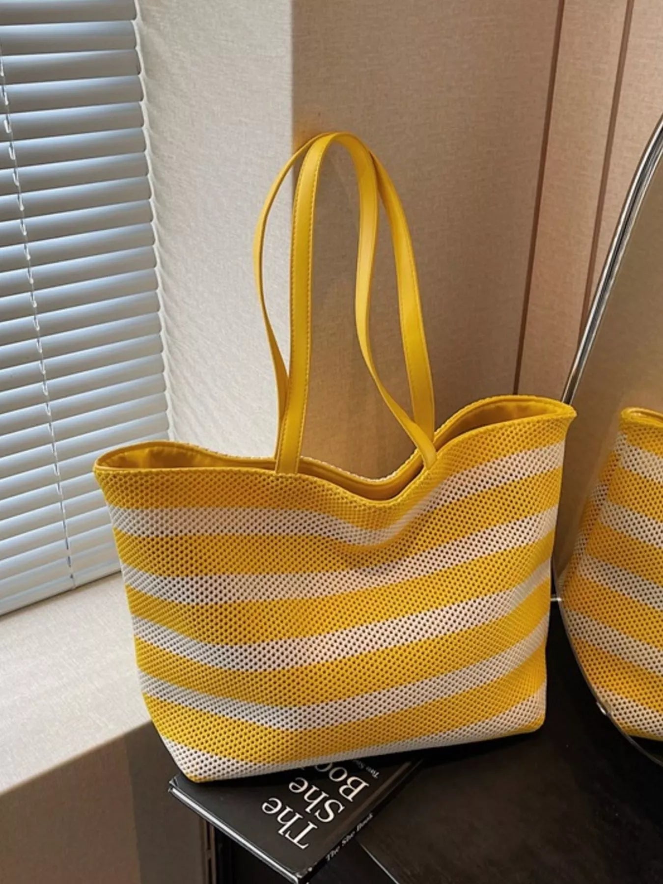 Yellow and white striped mesh tote shoulder bag with long handles
