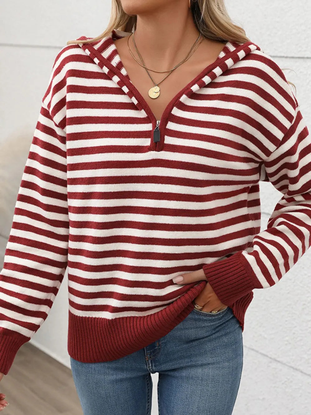 Striped long sleeve hooded sweater in burgundy and white, front with button placket