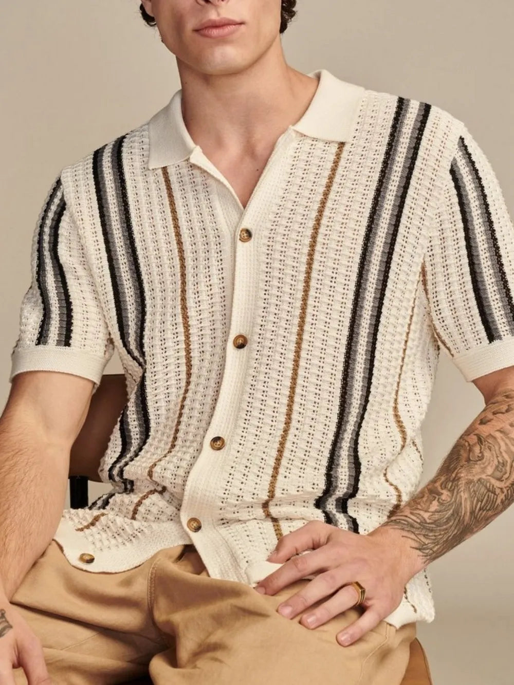 Beige striped collared short-sleeve shirt with button front