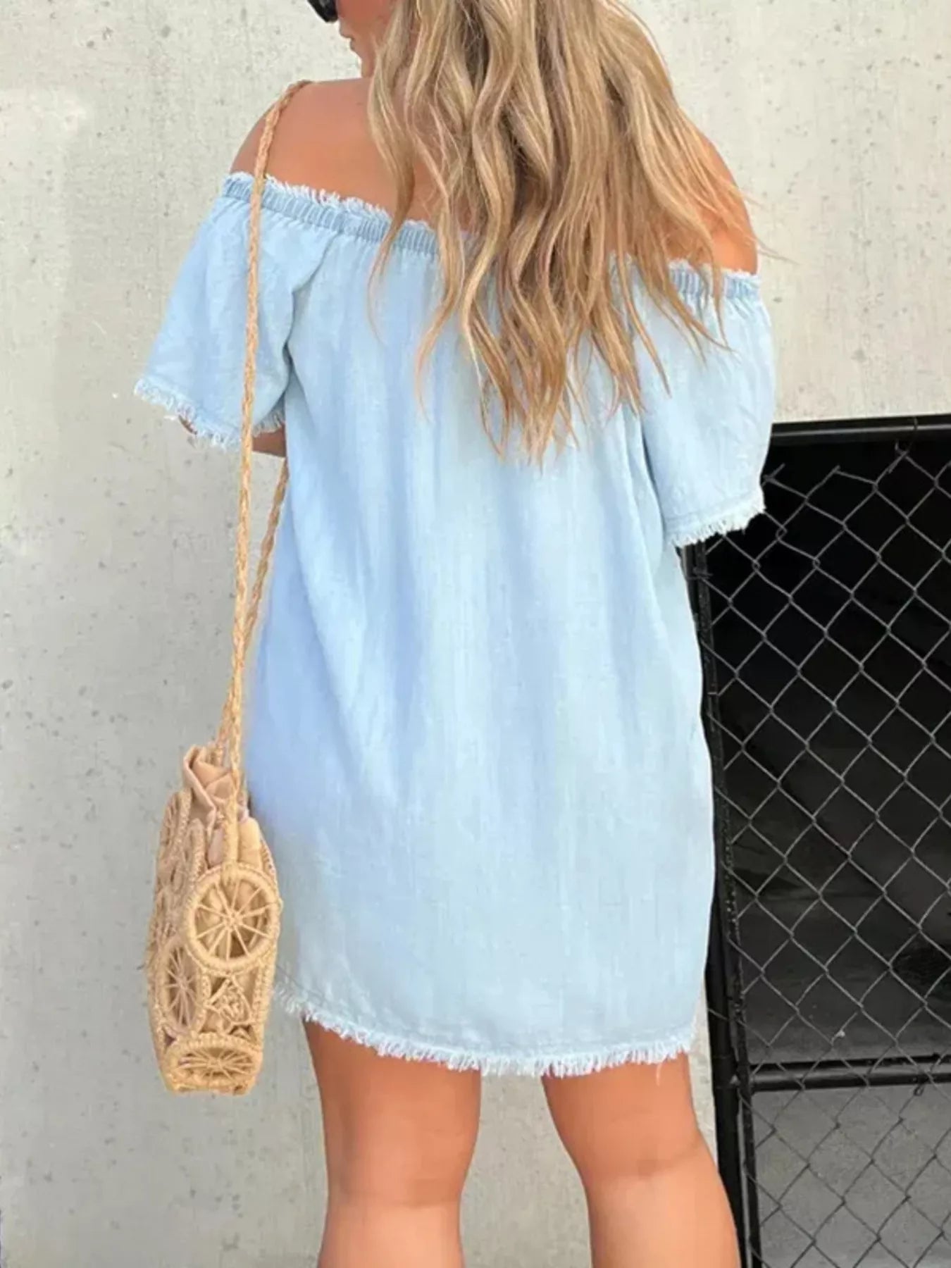 Cedar & Moore Full-Size off-shoulder denim dress, light blue, frayed hem, plus size