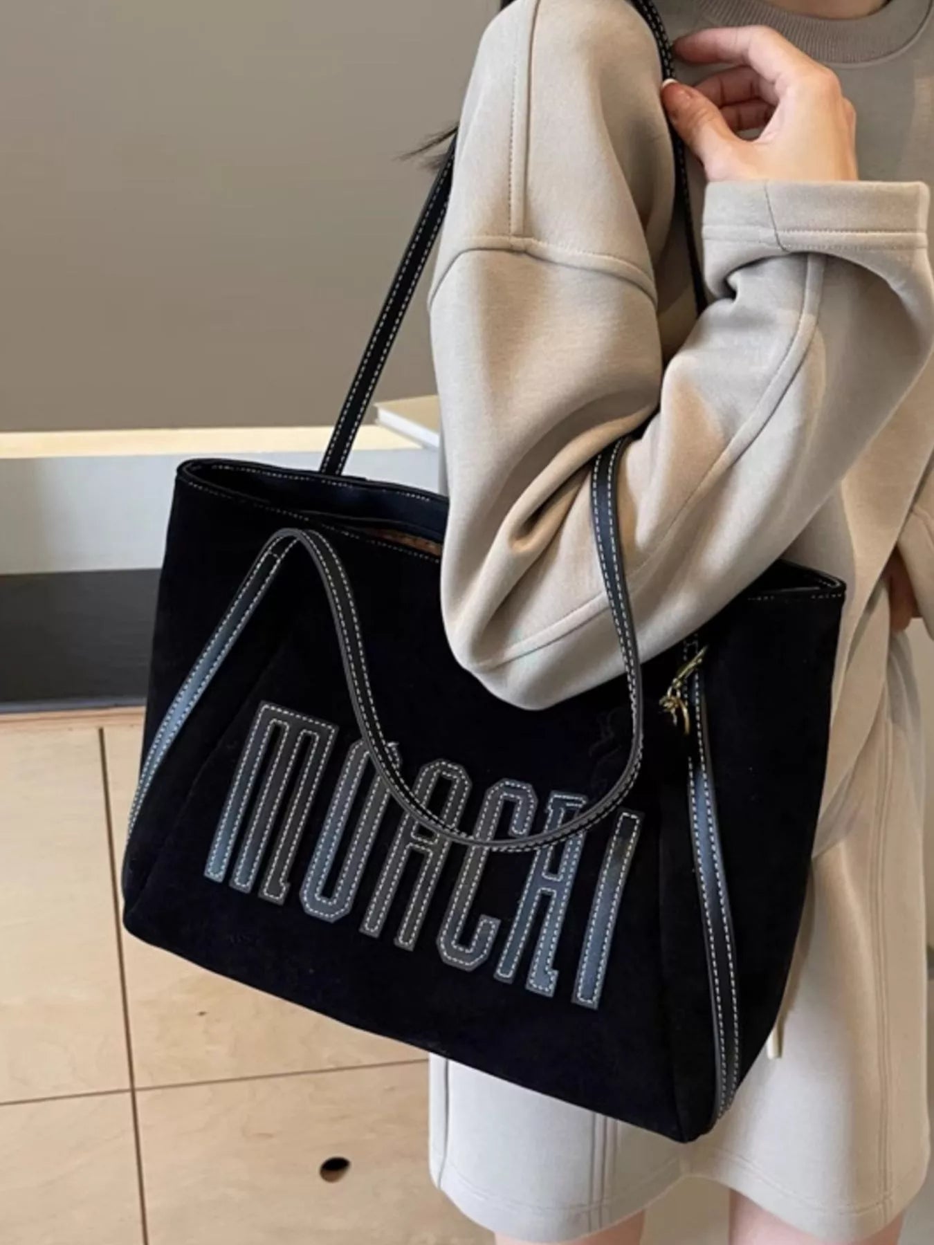 Casual Letter Shoulder Bag, medium size, black with oversized stitched lettering