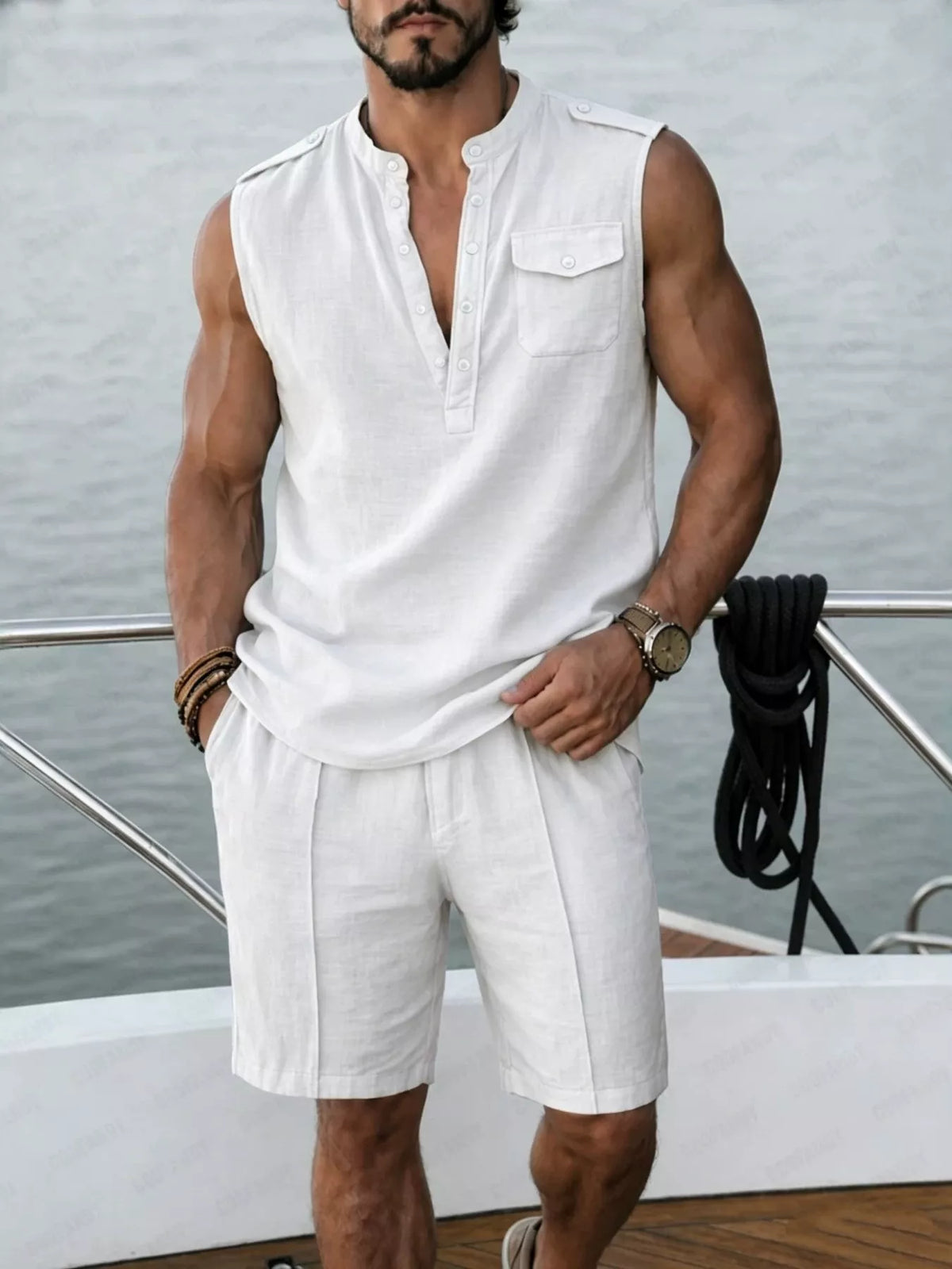 Men's white sleeveless henley top and shorts set, chest pocket, button placket.