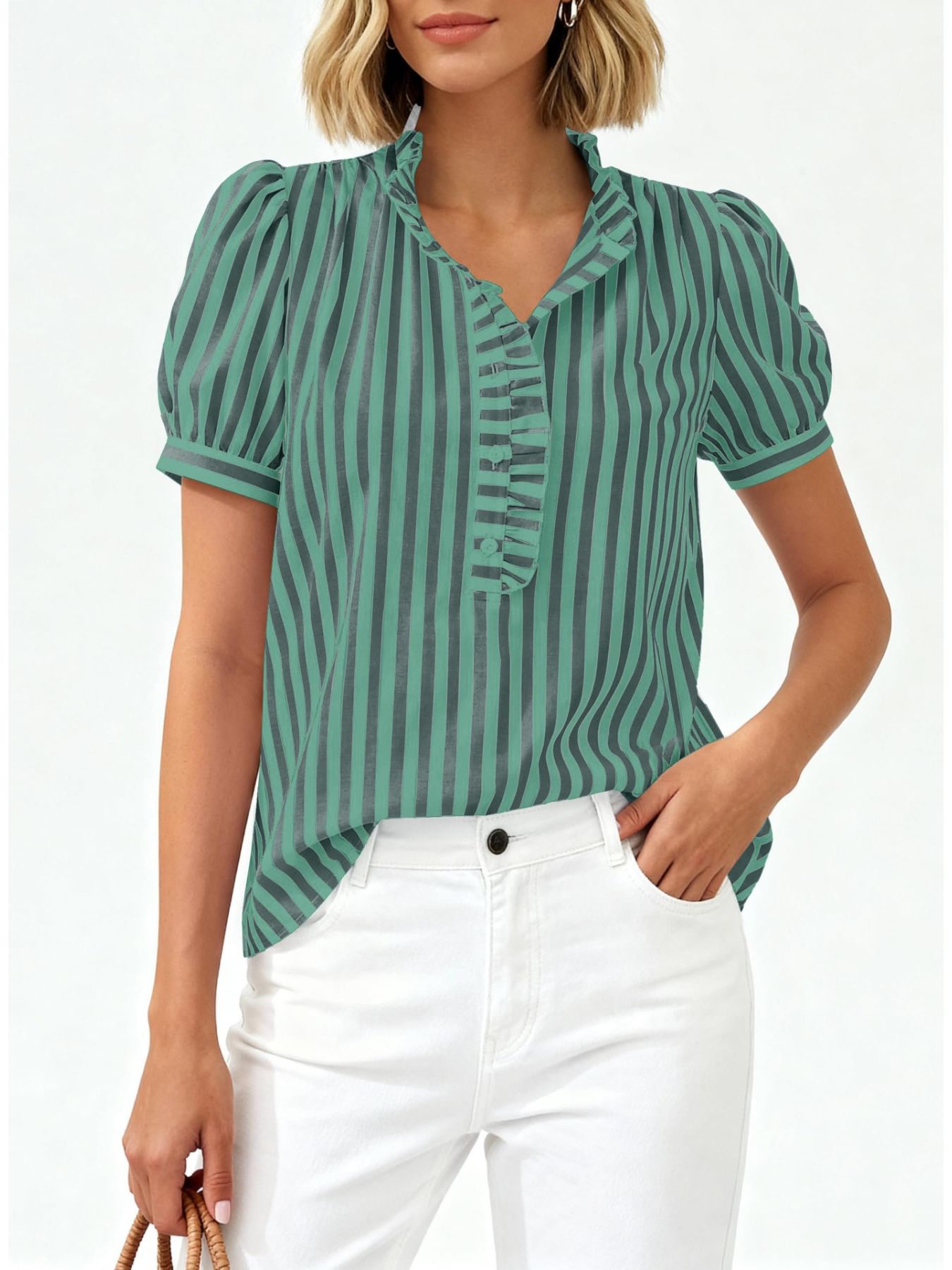 Frill striped puff-sleeve blouse in green with ruffles and button placket.