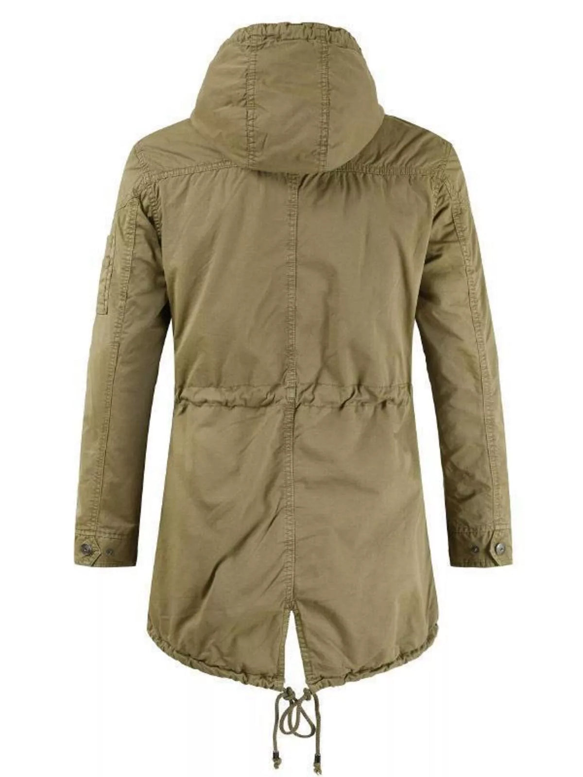 Men's sage green hooded parka coat, back view with drawstring waist and zip