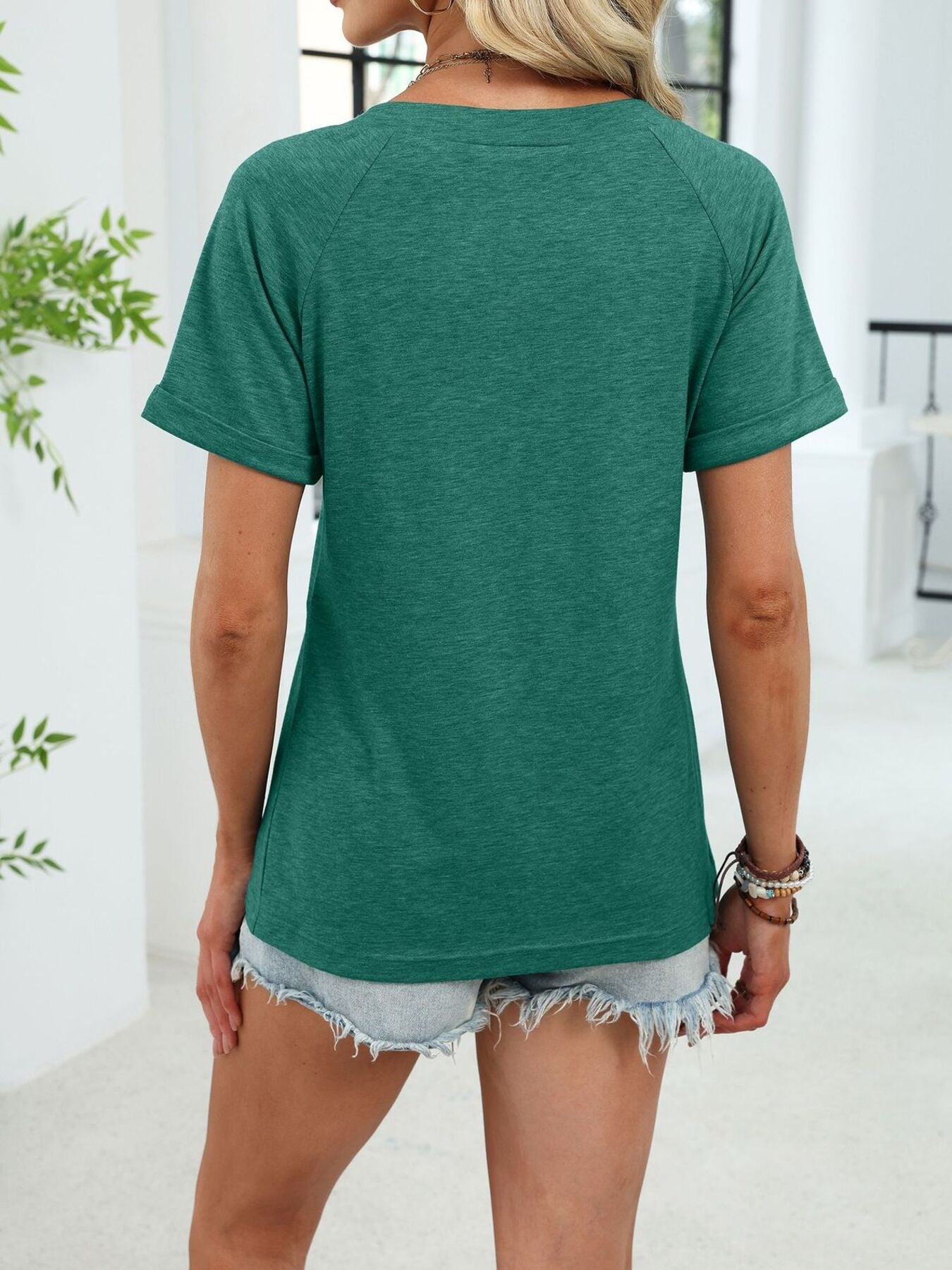 Cedar & Moore Casual V-Neck Short Sleeve T-Shirt, green heather, back view with rolled sleeves