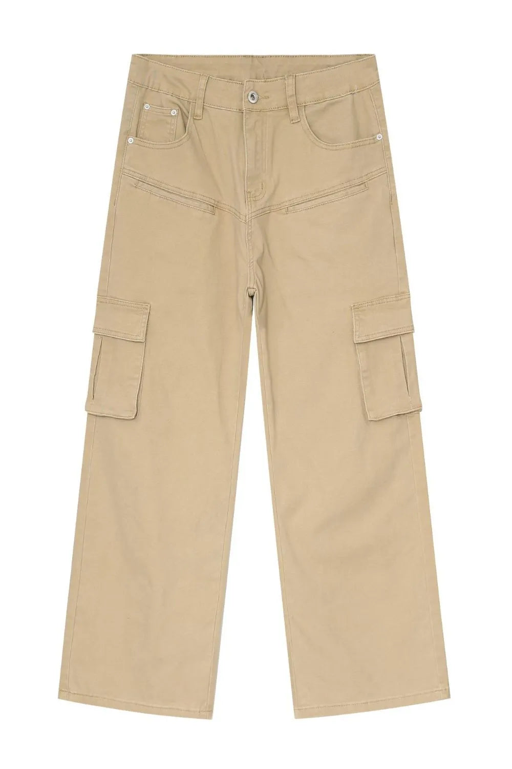Men's khaki cargo baggy jeans, flat front view with cargo pockets