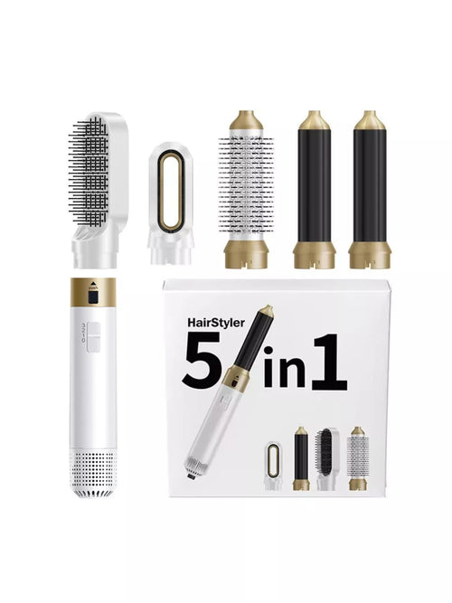 White 5-in-1 hot air brush styler with interchangeable brush attachments and gold accents