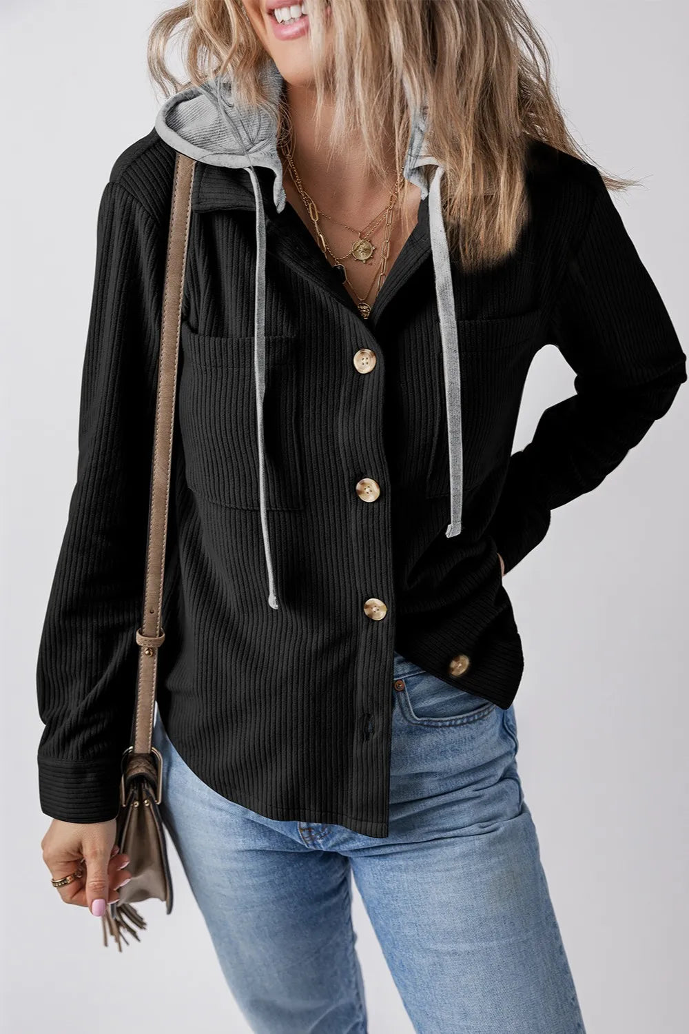 Black striped hooded button-up jacket with drawstring and long sleeves