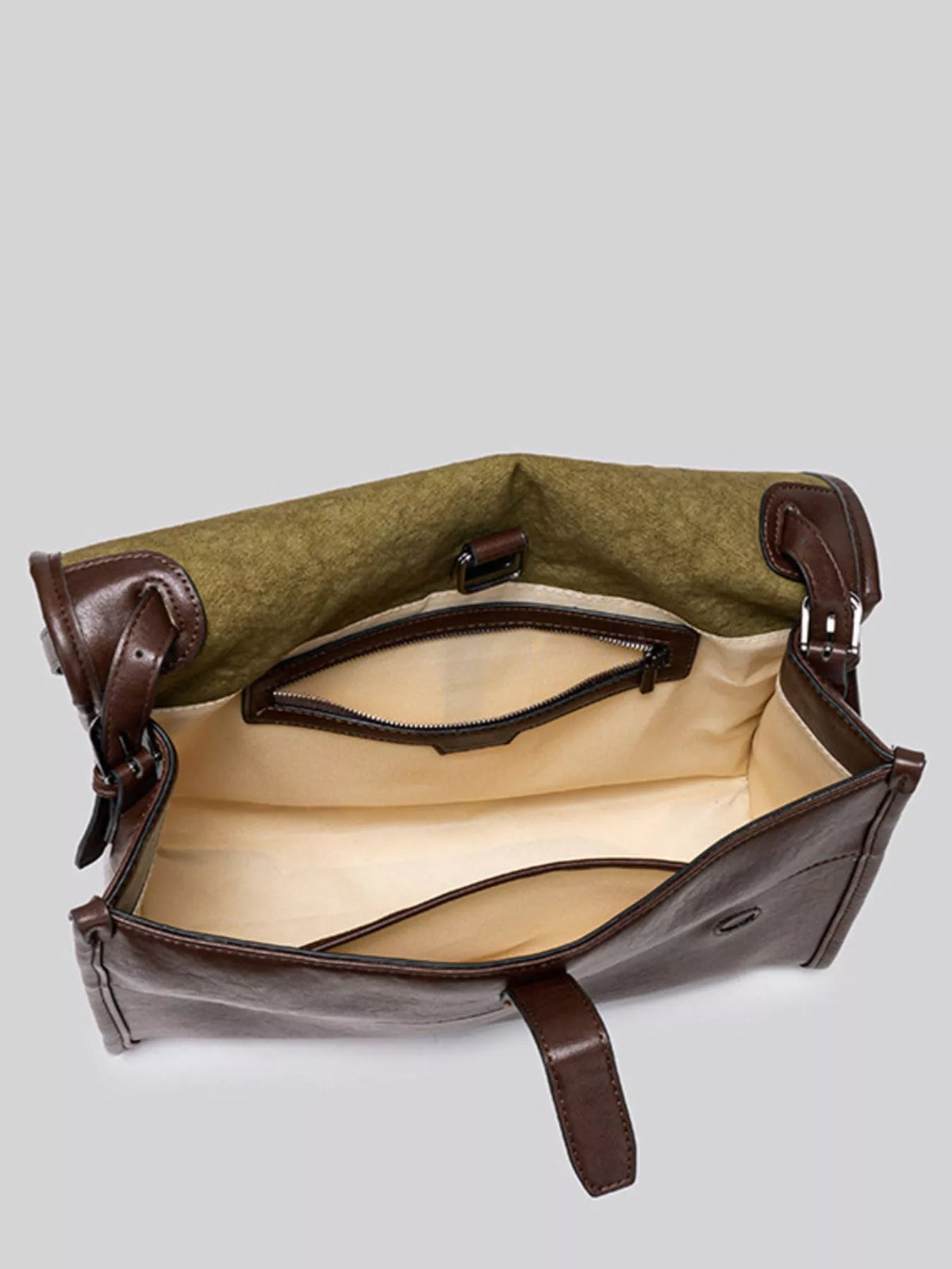 Brown messenger bag open view with tan fabric lining and top magnetic closure