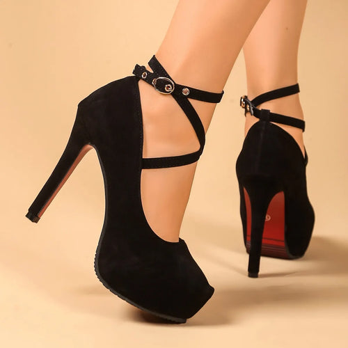 Black ankle strap high heel pumps with T-strap upper and buckle at ankle