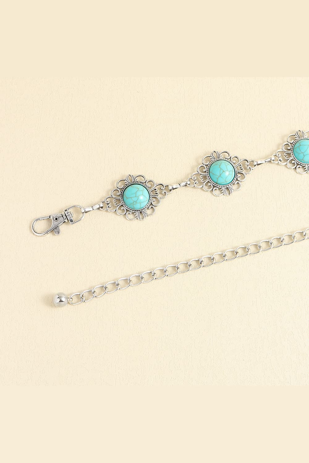 Turquoise cabochon charm belt with oval links and silver chain fastener