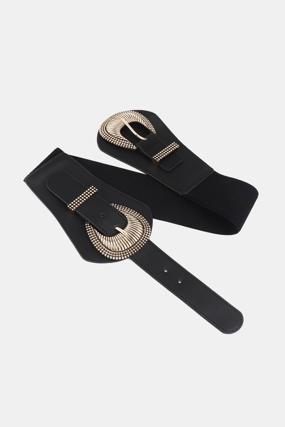Black elastic wide belt with double shell buckle, long strap, and gold-tone inlay details