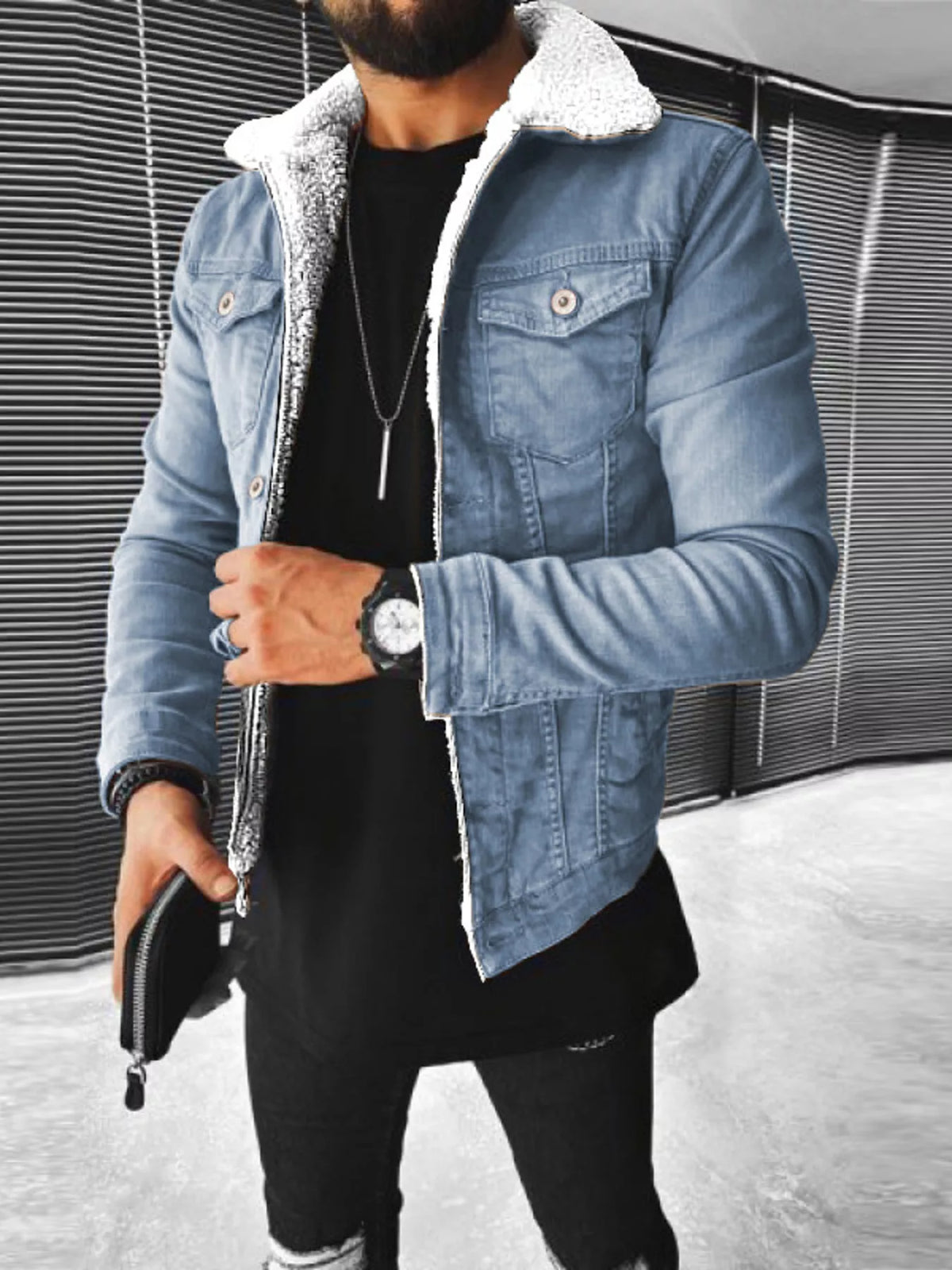 Light blue denim jacket with sherpa lining, button front and chest pockets