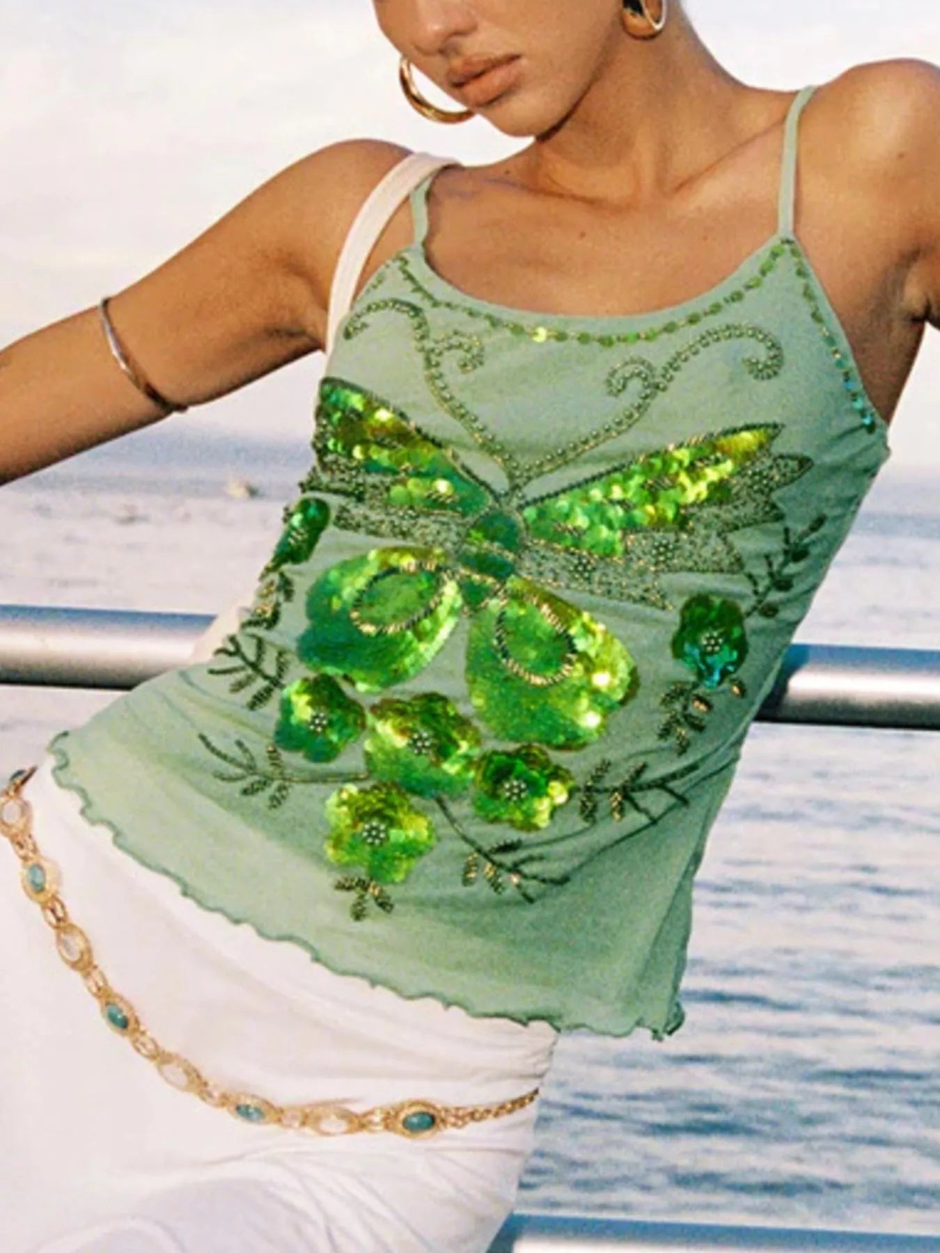 Cedar & Moore Butterfly Embellished Slim Fit Cami in green with sequin embroidery by Trendsi
