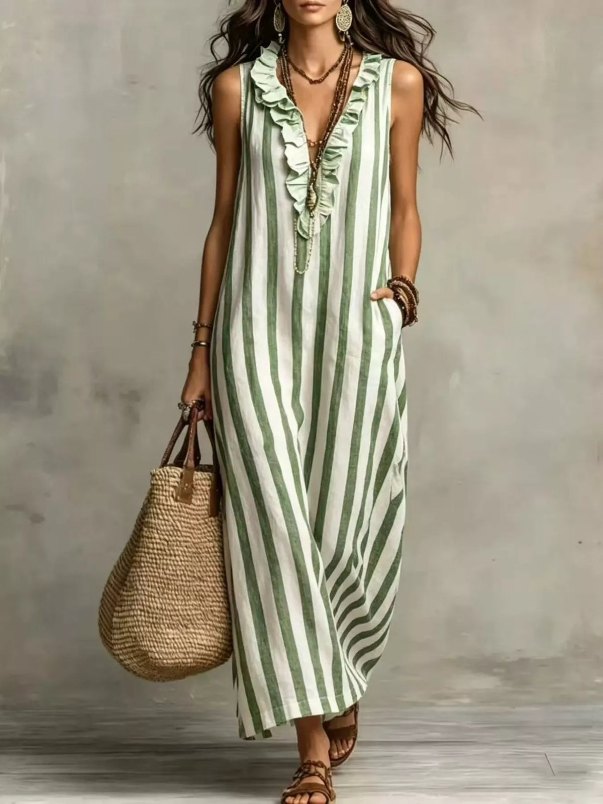 Green striped V-neck sleeveless maxi dress with layered ruffle front