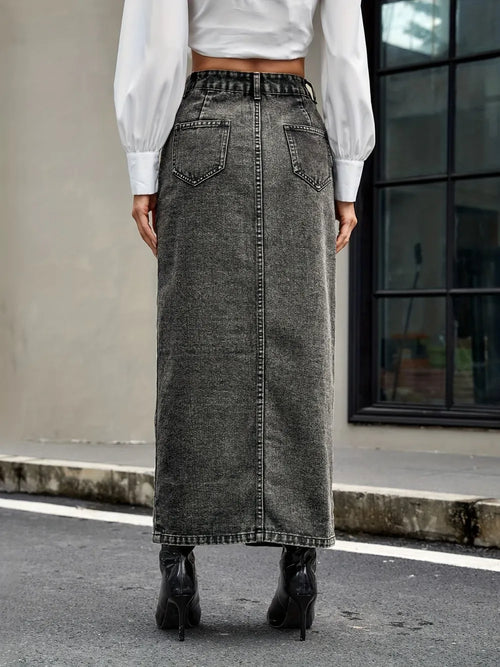 High-rise dark gray denim skirt with side pockets and straight button front