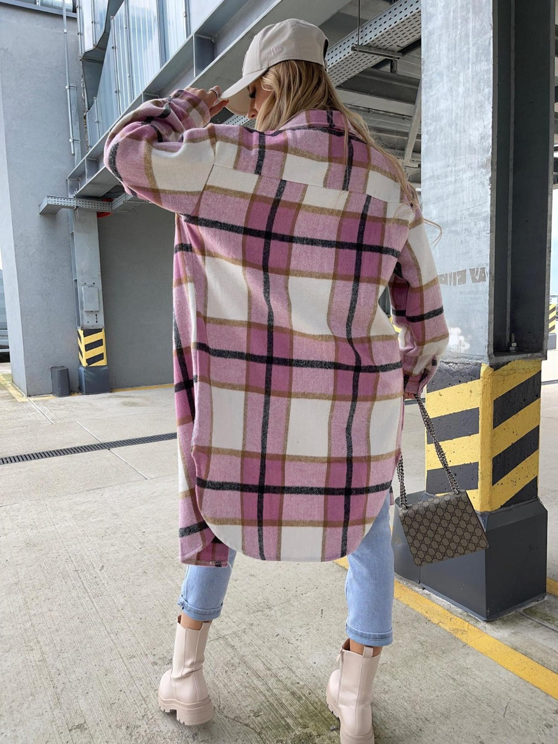 Plaid longline collared shirt in pink and cream with black grid, button-front, long sleeves
