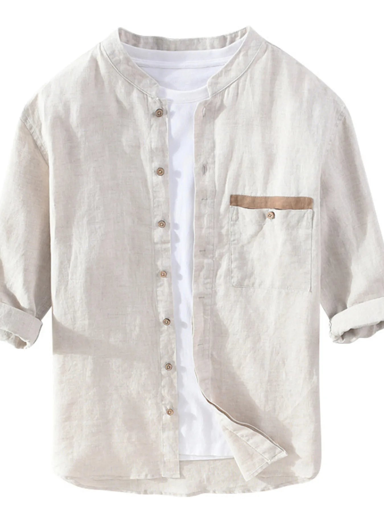 Light khaki button-up shirt with stand collar, button front, chest pocket, 3/4 sleeves