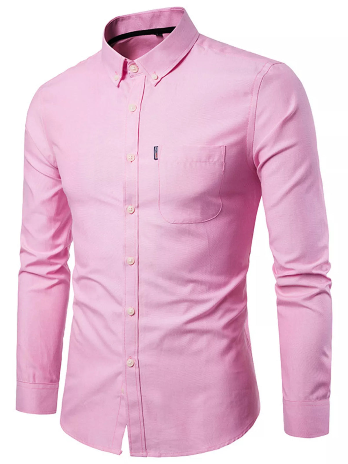 Men's slim fit long sleeve stretch shirt, pink button-down with chest pocket