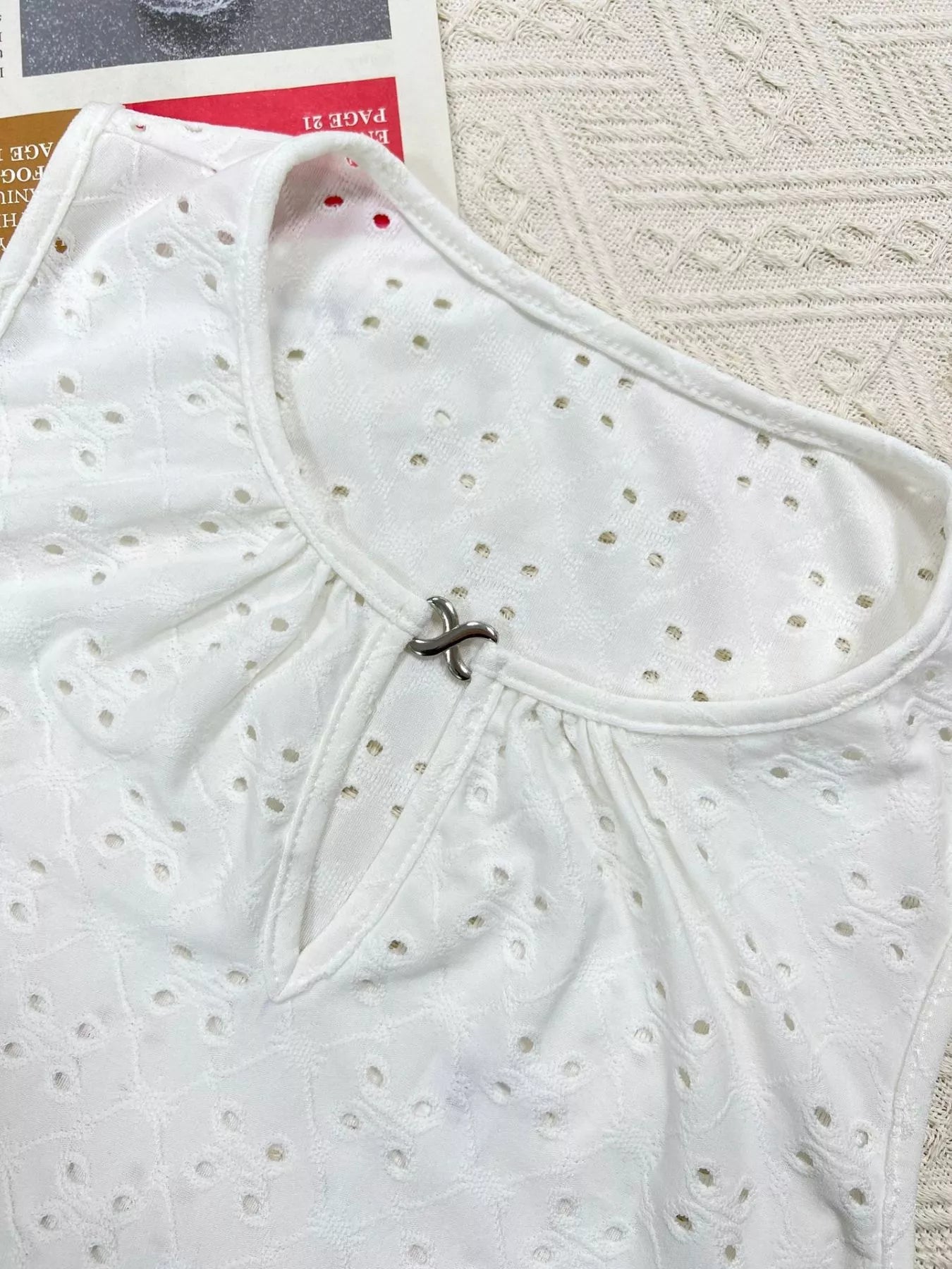 Cedar & Moore Eyelet Round Neck Cami in white eyelet fabric by Trendsi