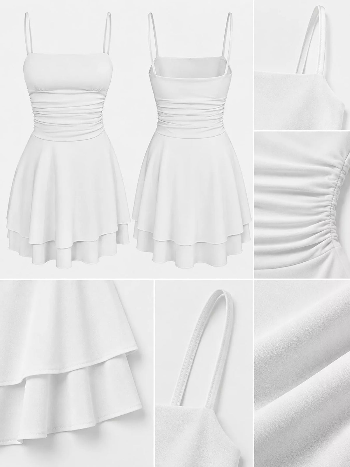 White ruched spaghetti-strap mini dress detail views: straps, ruching, layered hem