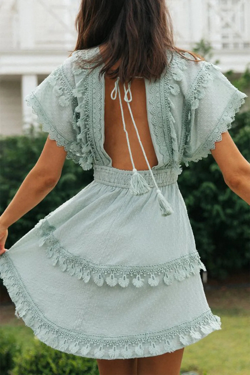 Lace Detail Plunge Short Sleeve Mini Dress in light blue, back open with tassel tie, Trendsi