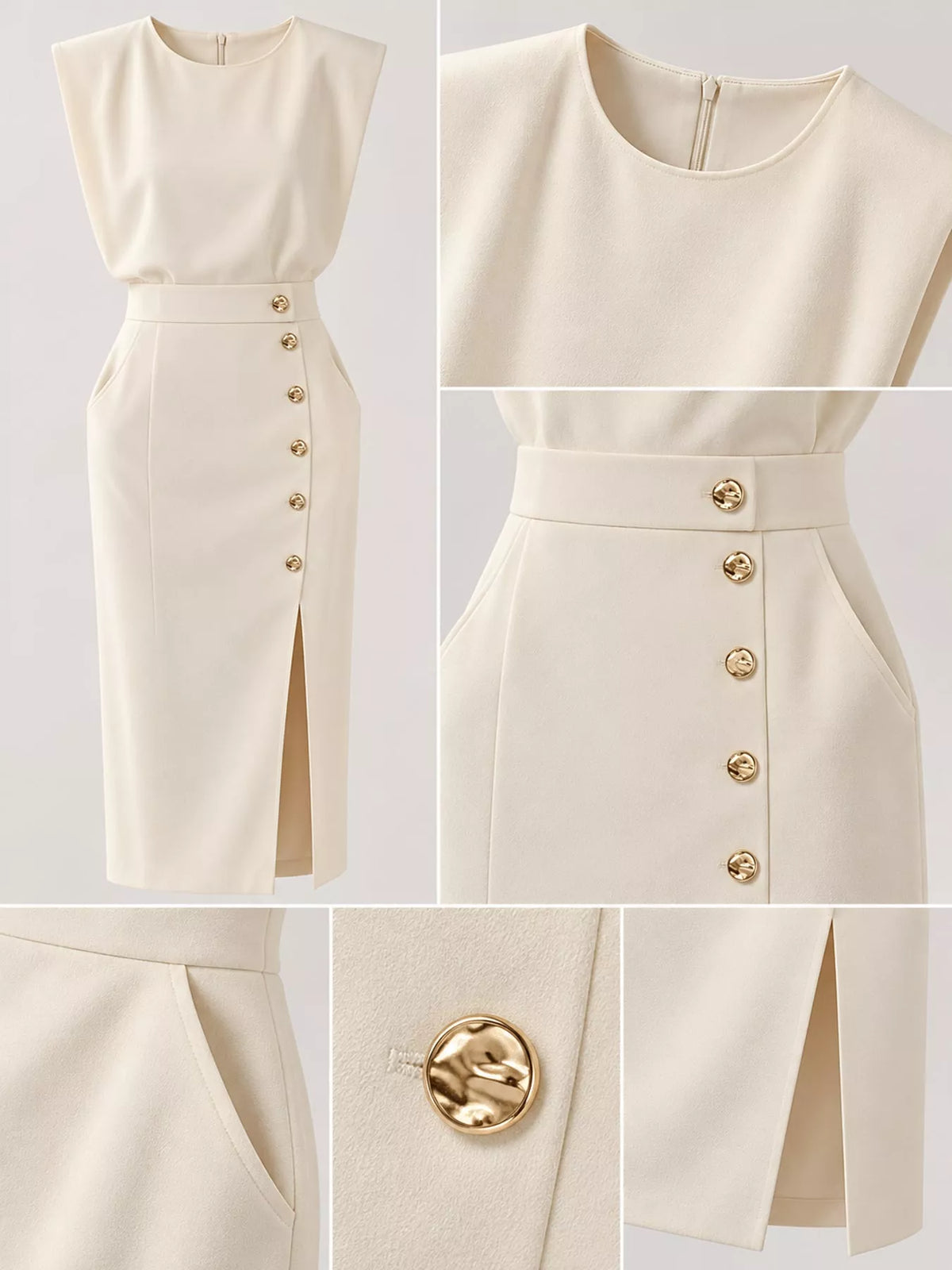 Ivory sleeveless midi dress detail collage: gold buttons, waist seam, slit
