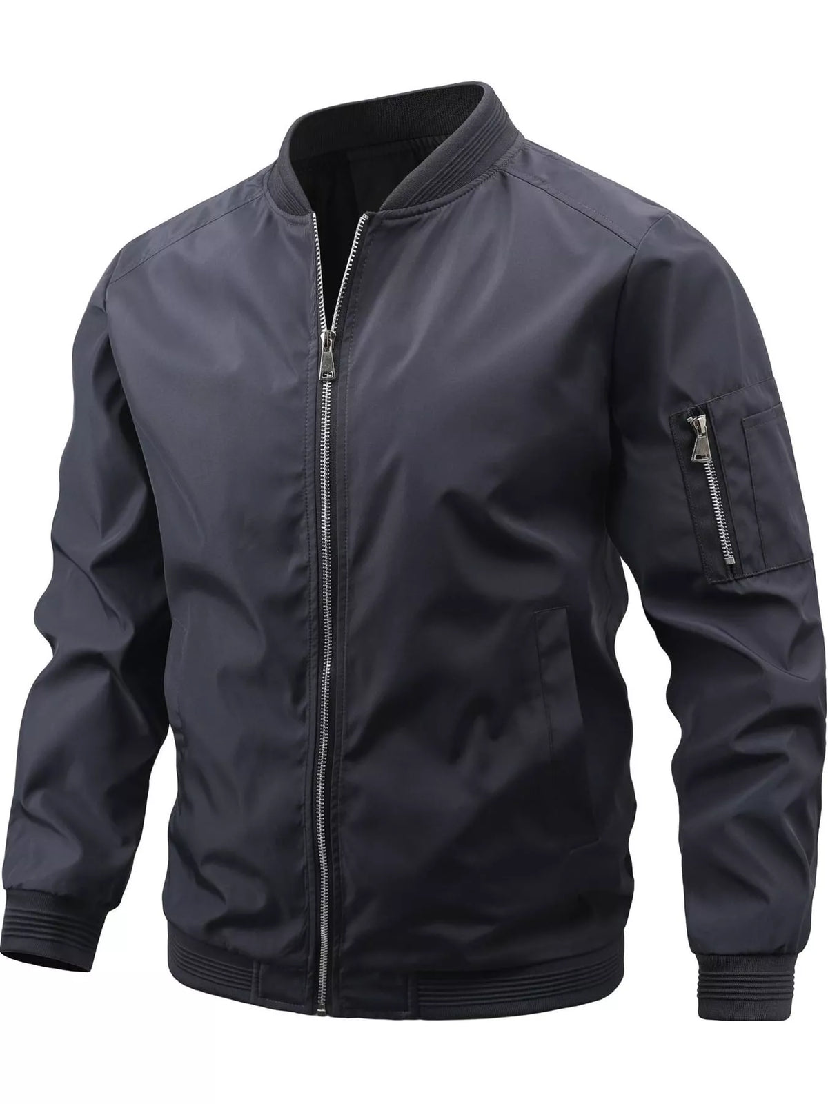 Men's lightweight bomber jacket, dark gray, full-zip with stand collar and ribbed cuffs
