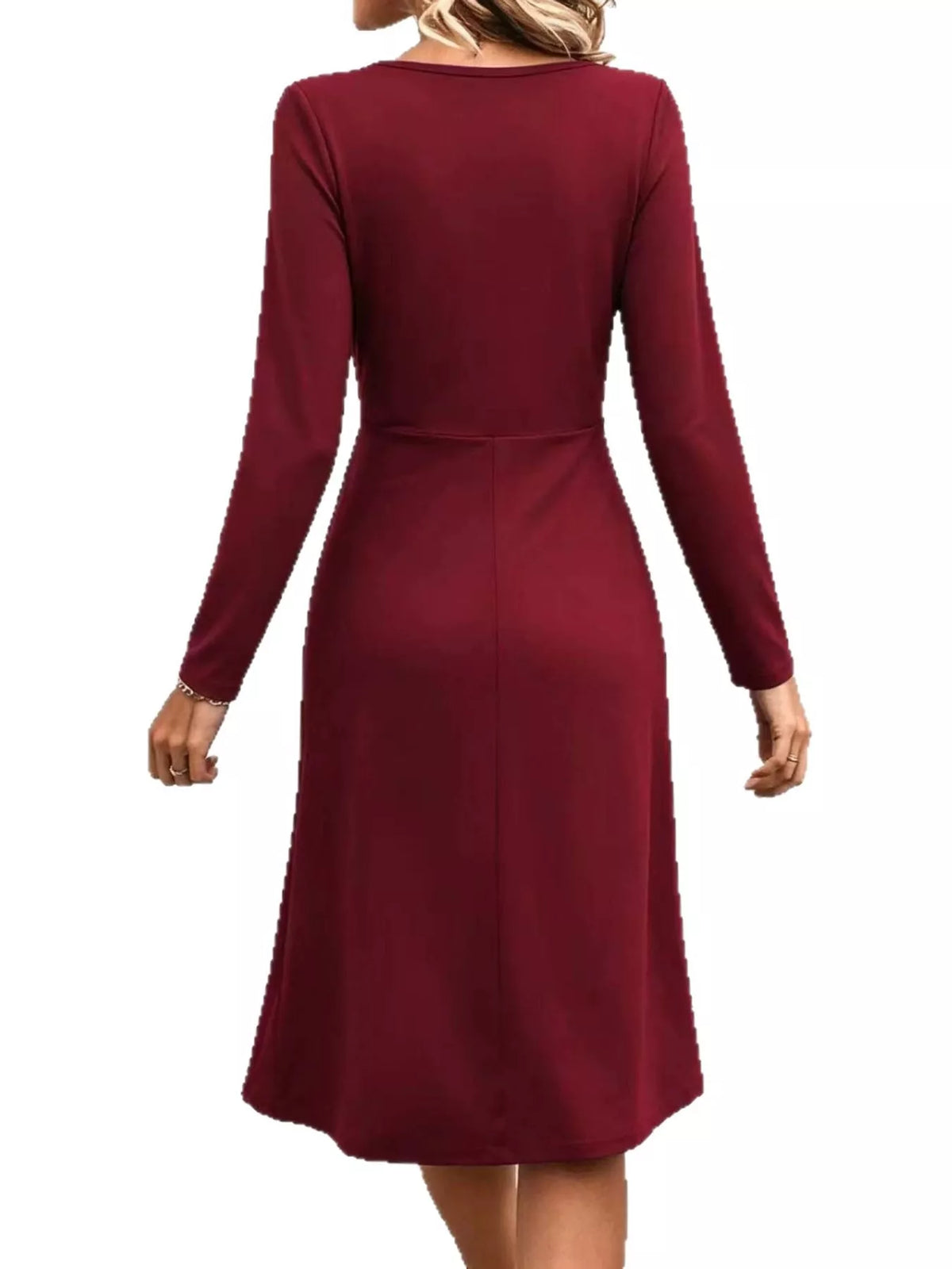 Burgundy long-sleeve midi dress with smooth back and gathered waist seam.
