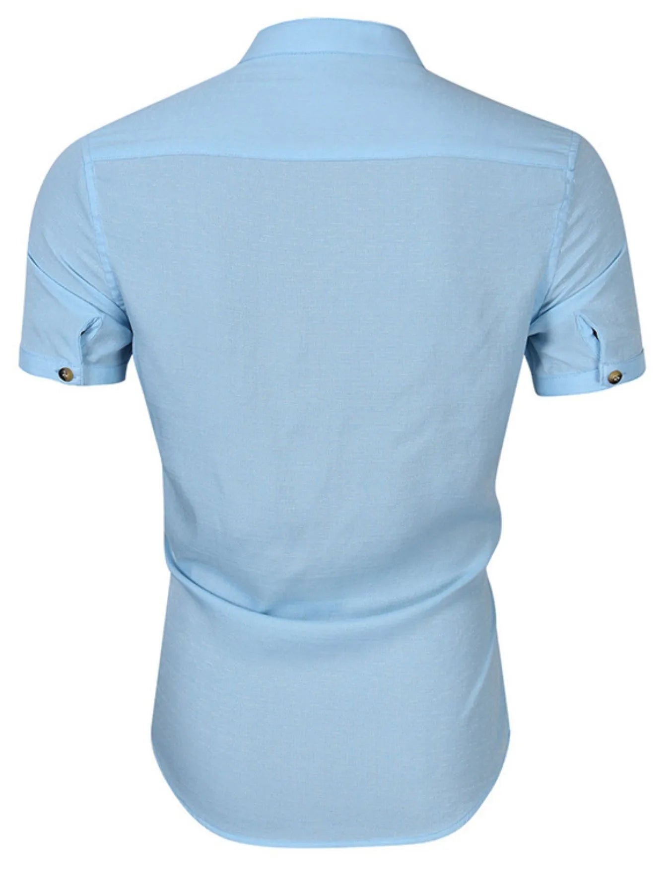 Men's light blue polo shirt, back view, short sleeves and ribbed collar