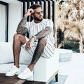 Men's striped casual top and shorts set, white with dark vertical stripes