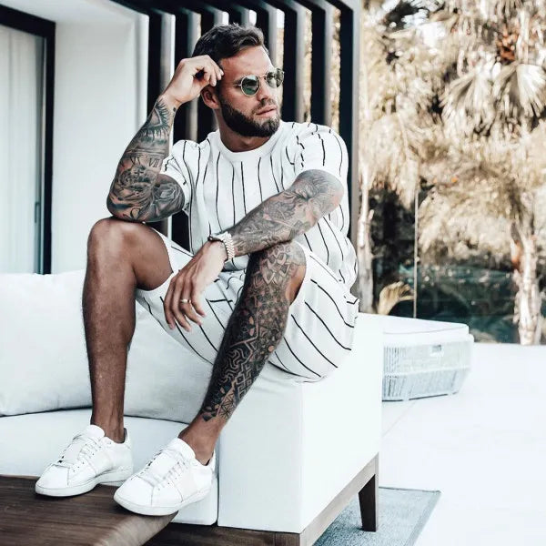 Men's striped casual top and shorts set, white with dark vertical stripes