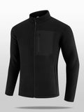Men's black zip-up jacket with stand collar, long sleeves, and chest pocket panels