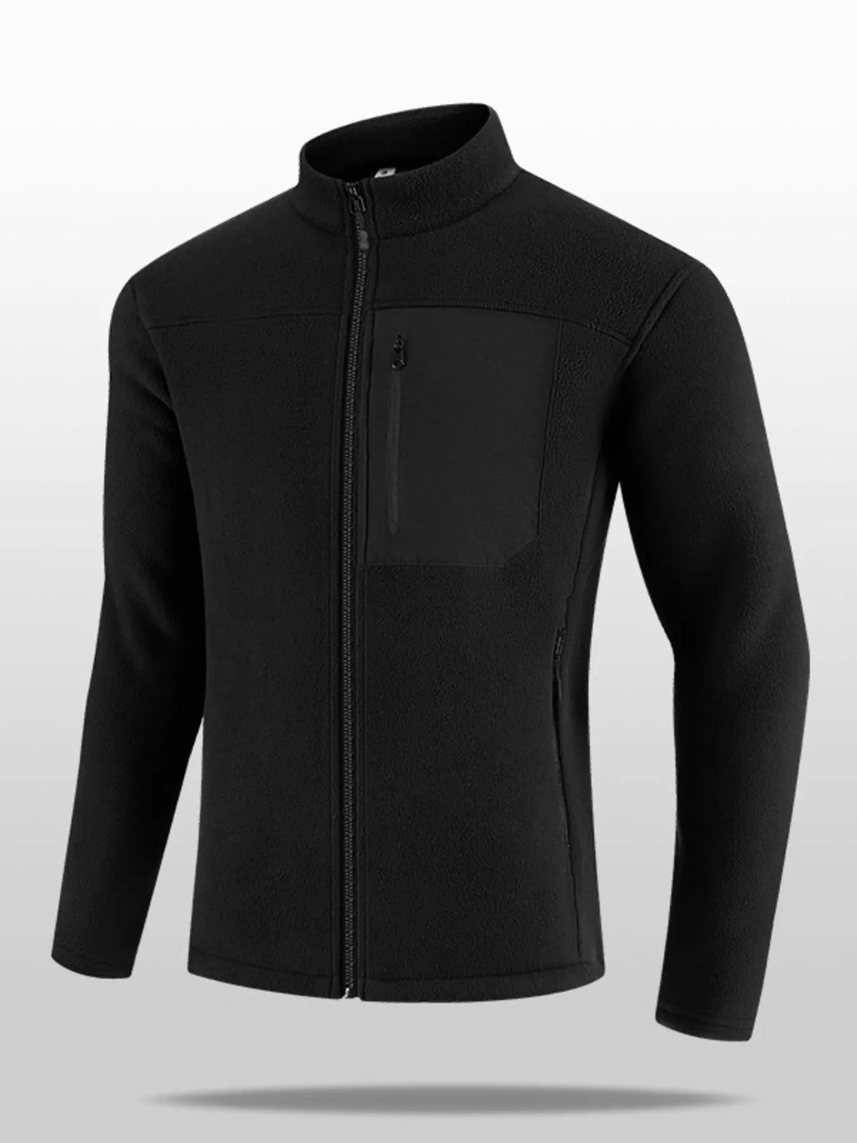 Men's black zip-up jacket with stand collar, long sleeves, and chest pocket panels