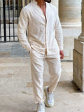 Men's button-up long sleeve shirt and matching pants set, off-white, twist-front detail