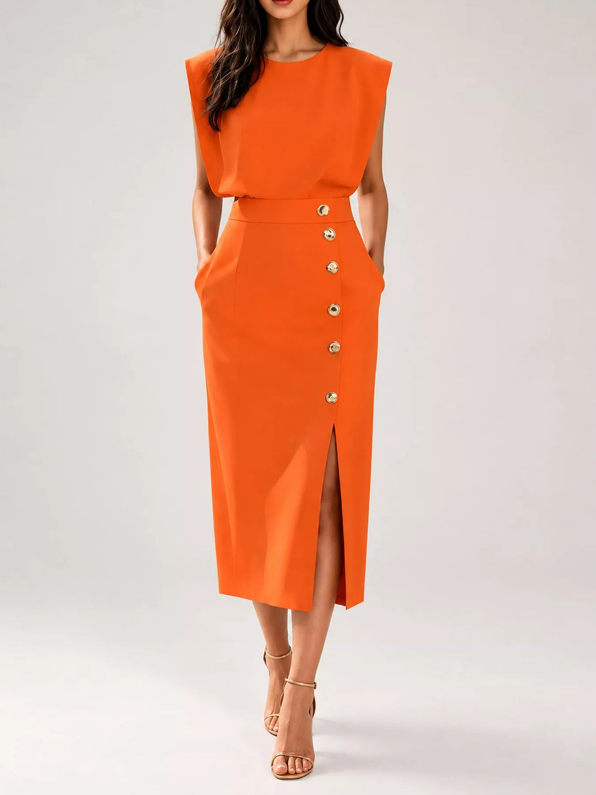 Orange sleeveless midi dress with gold buttons and side slit