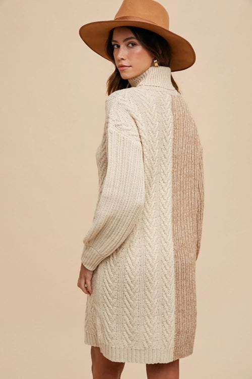 Color-block knit sweater dress with tall turtleneck, taupe side panel and texture